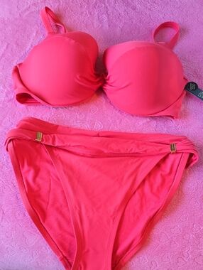 Victoria's Secret Coral Pink Bikini Top and Bottom with Gold Accents